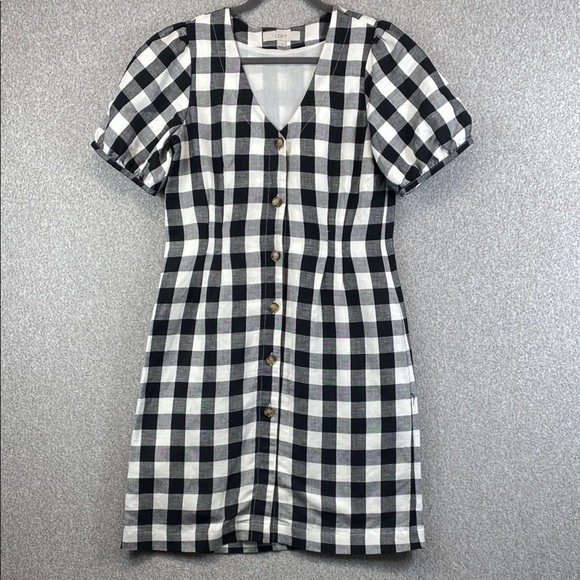 Loft sheath dress buffalo plaid full button down up puffed short sleeves size 4 - Picture 1 of 10
